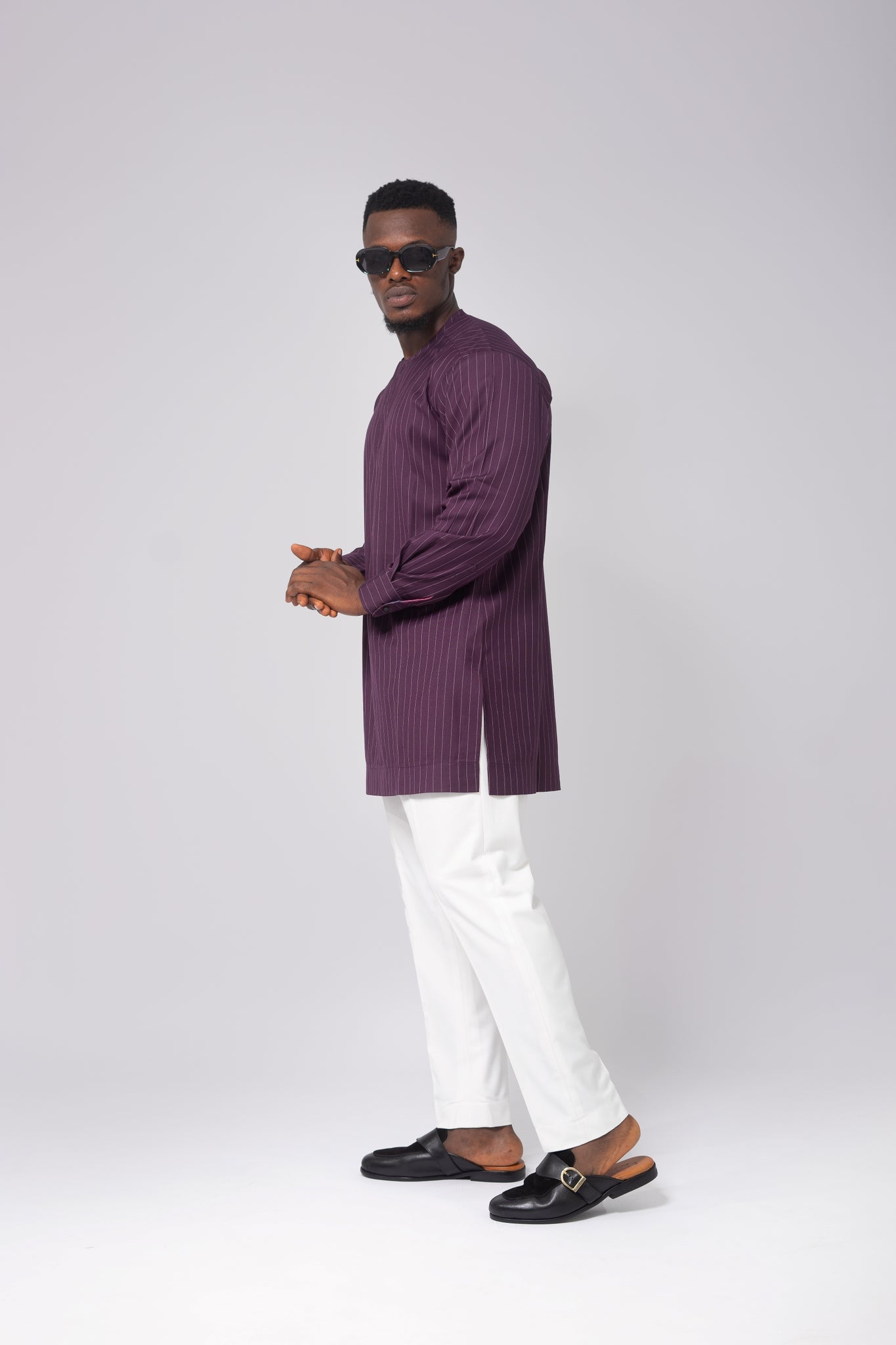 Standard Length Long Sleeve Wool Set in Purple Pinstripe Top and White Pants
