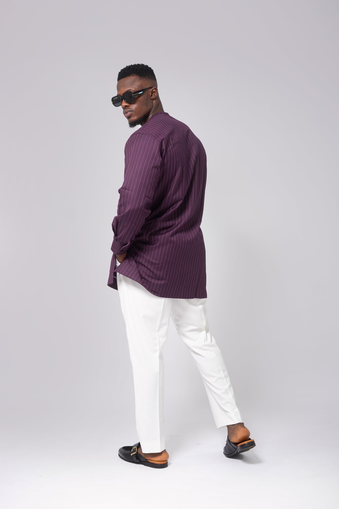 Standard Length Long Sleeve Wool Set in Purple Pinstripe Top and White Pants