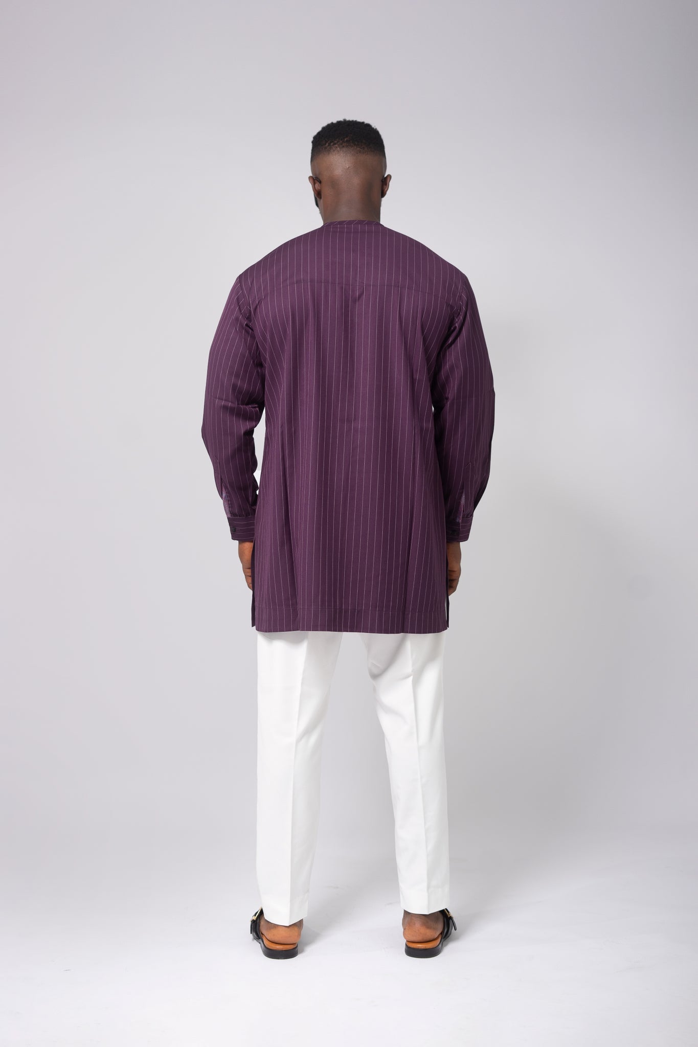 Standard Length Long Sleeve Wool Set in Purple Pinstripe Top and White Pants