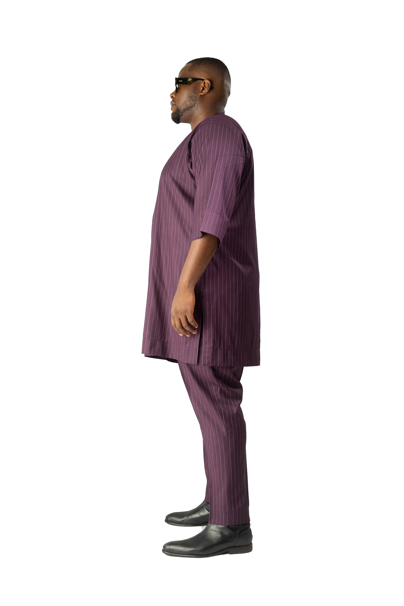 Standard Length Three Quarter Sleeve Wool Matching Set in Purple Pinstripe