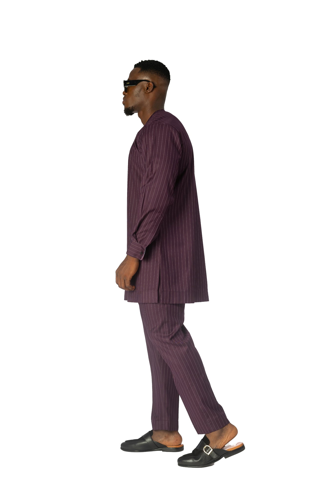 Standard Length Long Sleeve Wool Matching Set in Purple Pinstripe