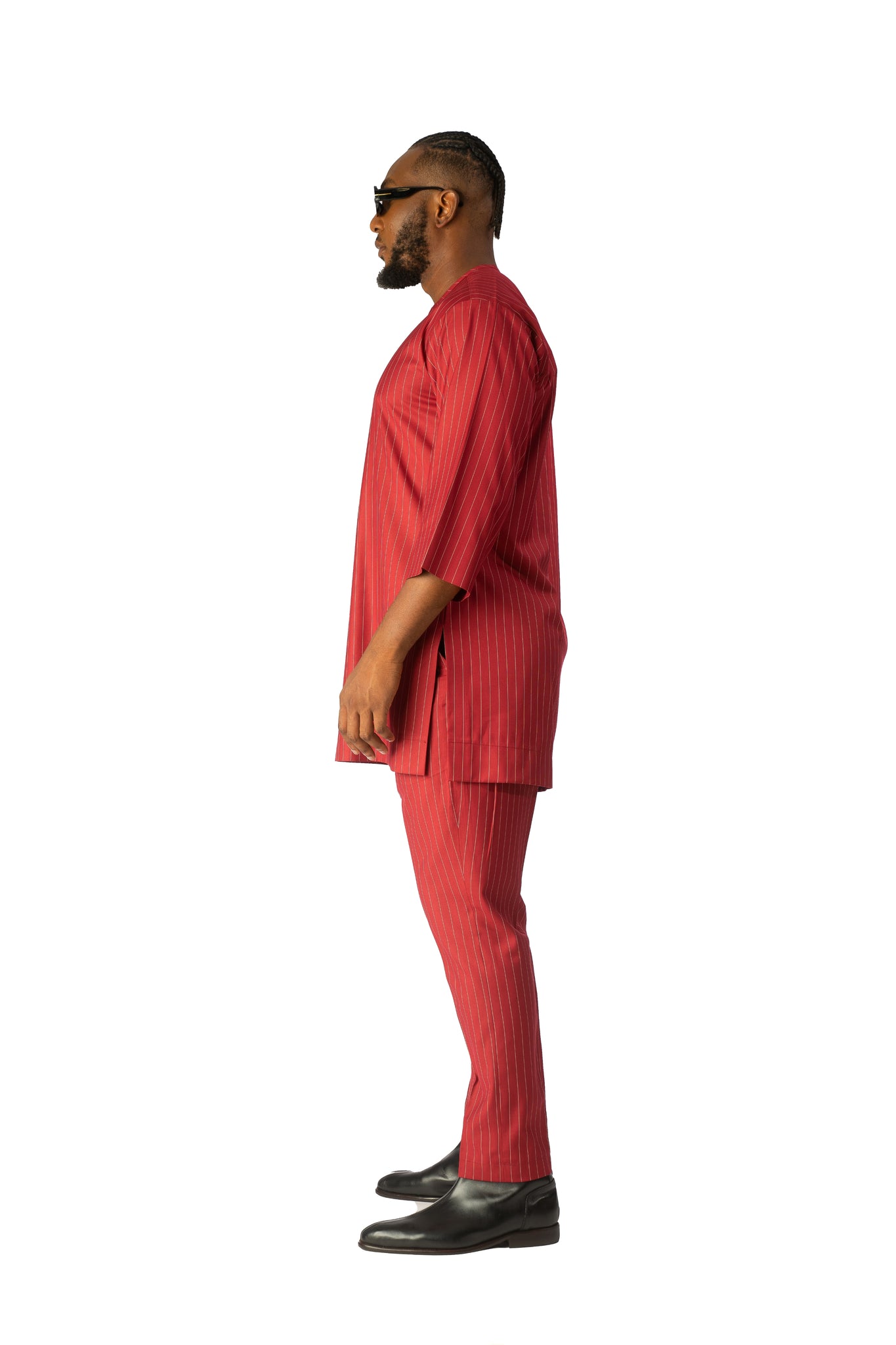 Standard Length Three Quarter Sleeve Wool Matching Set in Red Pinstripe