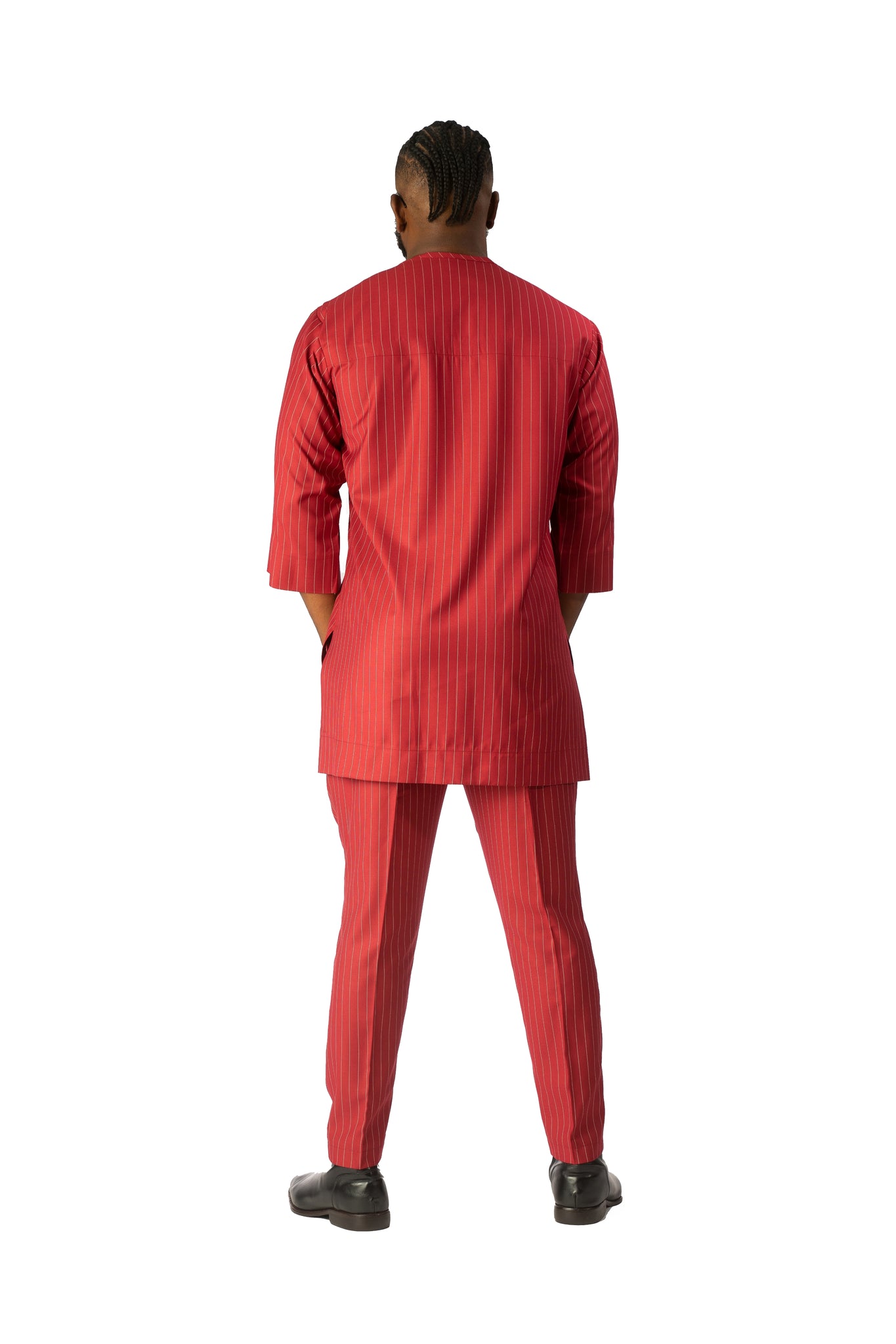 Standard Length Three Quarter Sleeve Wool Matching Set in Red Pinstripe