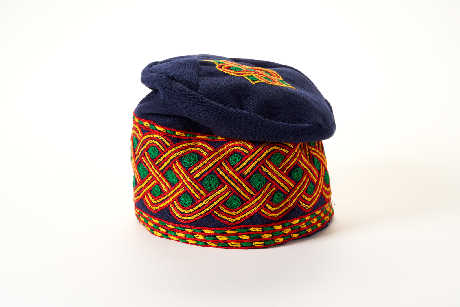 Traditional Hand Woven Cotton Gobi Fila Hat in Blue with Intricate Embroidery