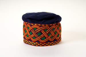 Traditional Hand Woven Cotton Gobi Fila Hat in Blue with Intricate Embroidery