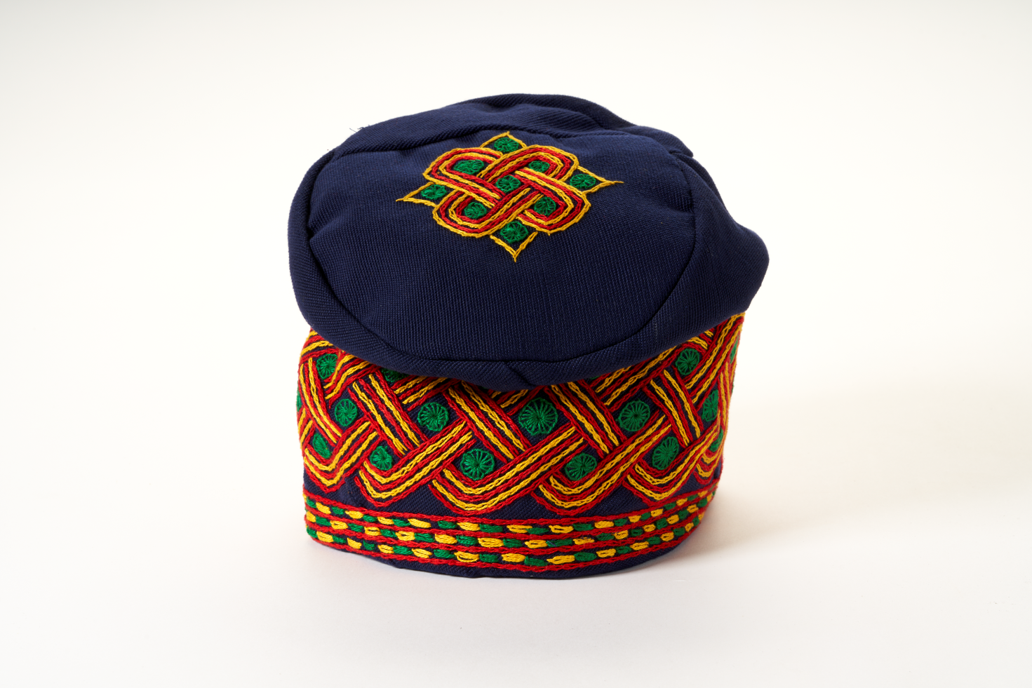 Traditional Hand Woven Cotton Gobi Fila Hat in Blue with Intricate Embroidery