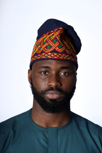 Traditional Hand Woven Cotton Gobi Fila Hat in Blue with Intricate Embroidery