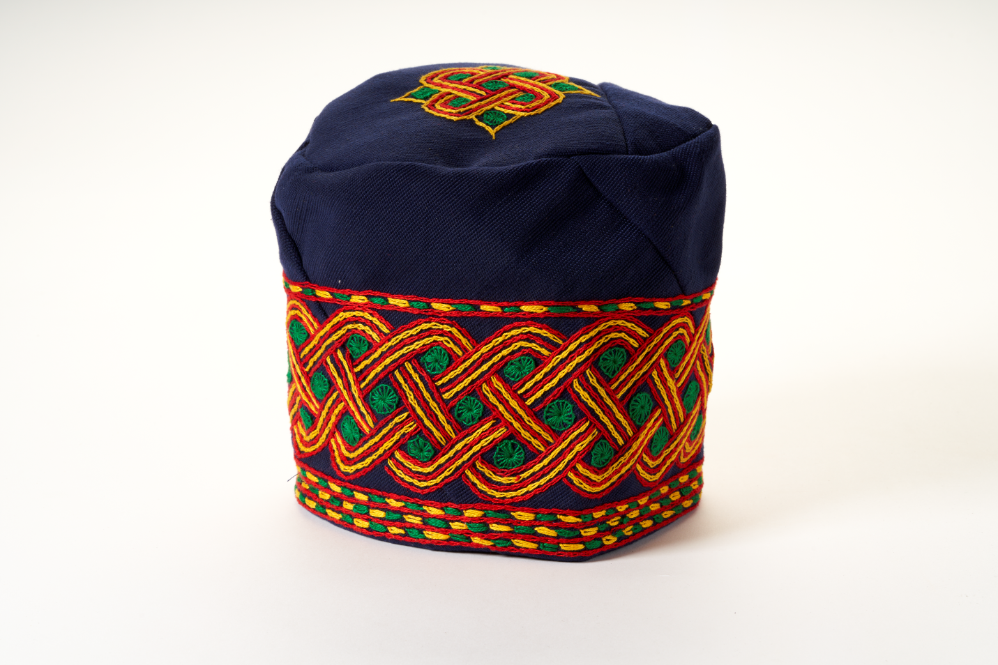 Traditional Hand Woven Cotton Gobi Fila Hat in Blue with Intricate Embroidery