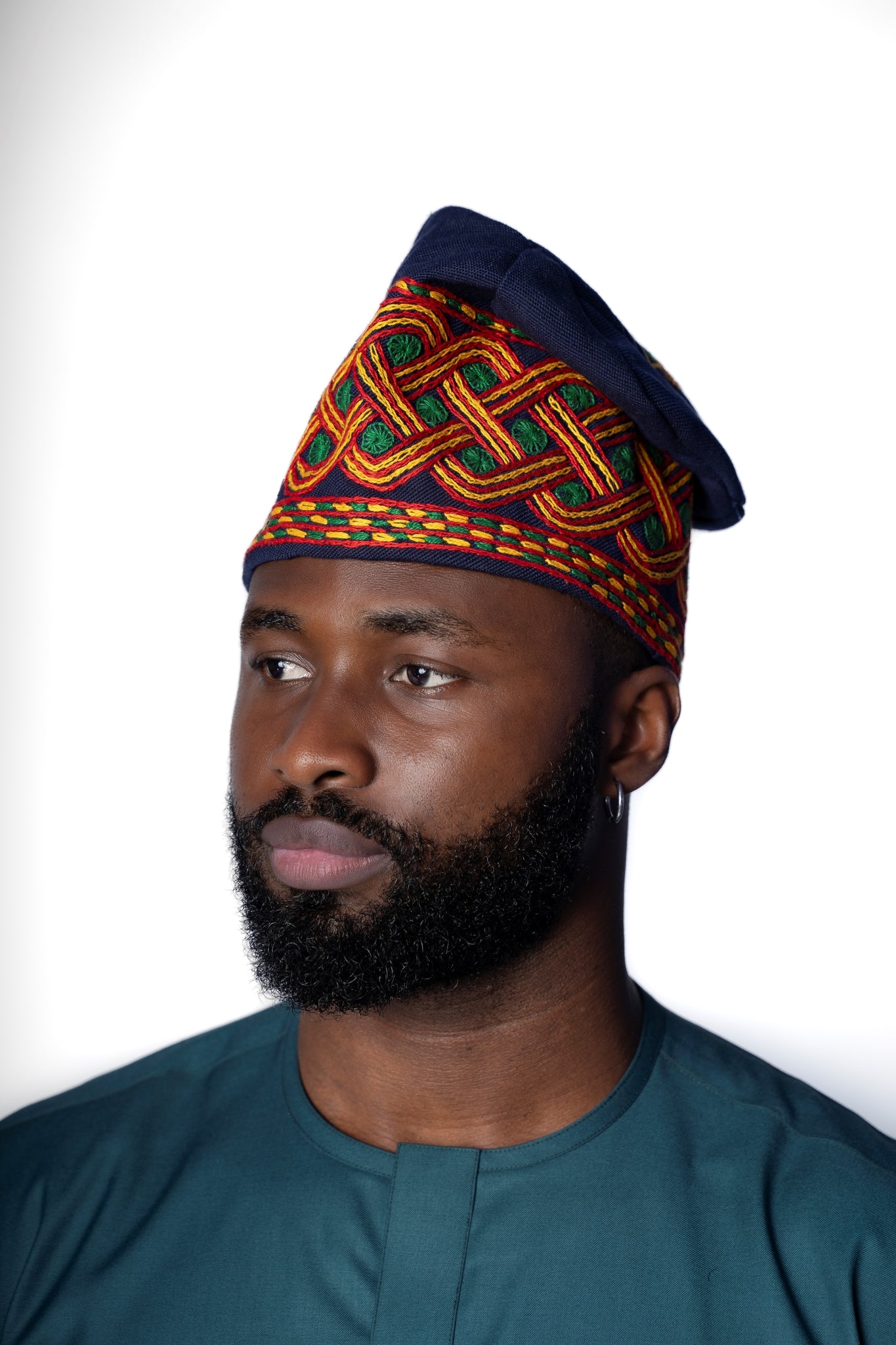 Traditional Hand Woven Cotton Gobi Fila Hat in Blue with Intricate Embroidery