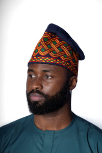 Traditional Hand Woven Cotton Gobi Fila Hat in Blue with Intricate Embroidery