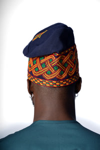 Traditional Hand Woven Cotton Gobi Fila Hat in Blue with Intricate Embroidery