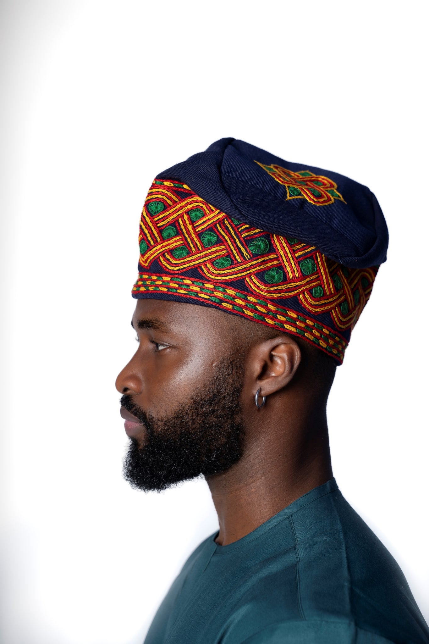 Traditional Hand Woven Cotton Gobi Fila Hat in Blue with Intricate Embroidery