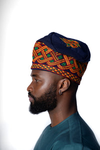 Traditional Hand Woven Cotton Gobi Fila Hat in Blue with Intricate Embroidery