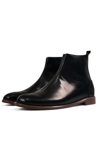 Ajadi Boots in Black Leather with Side Zipper and Brown Leather Soles