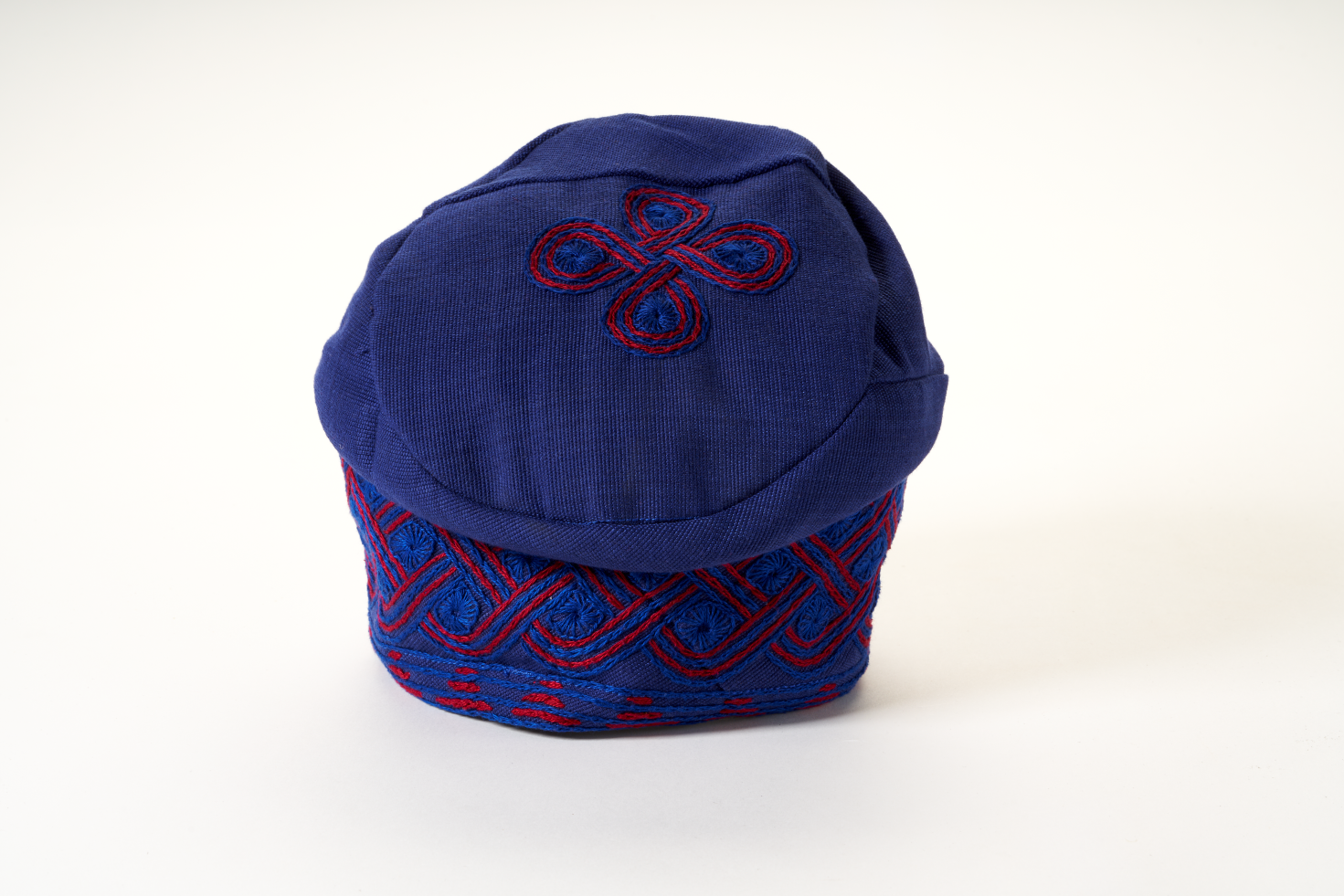 Traditional Hand Woven Cotton Gobi Fila Hat in Navy with Intricate Embroidery