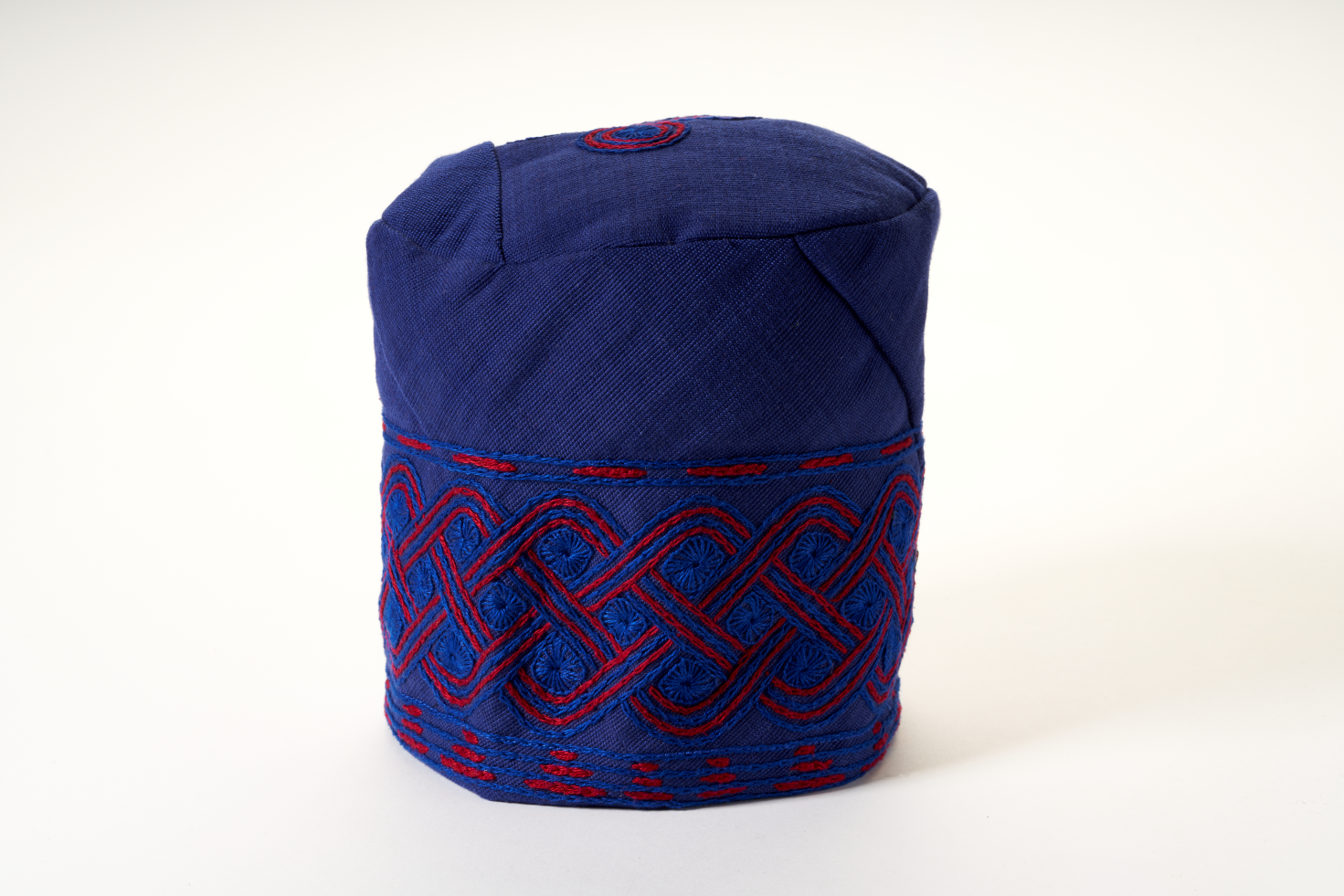 Traditional Hand Woven Cotton Gobi Fila Hat in Navy with Intricate Embroidery