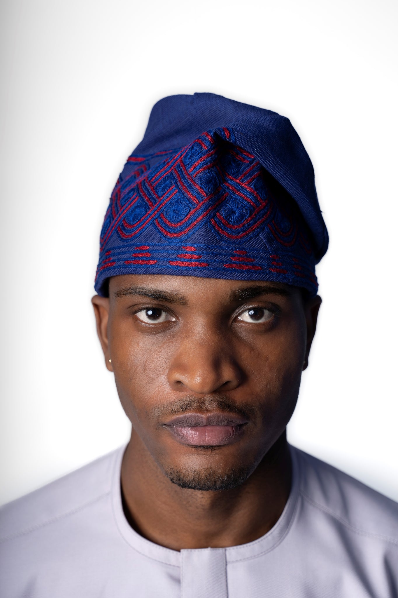 Traditional Hand Woven Cotton Gobi Fila Hat in Navy with Intricate Embroidery
