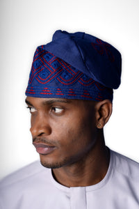 Traditional Hand Woven Cotton Gobi Fila Hat in Navy with Intricate Embroidery