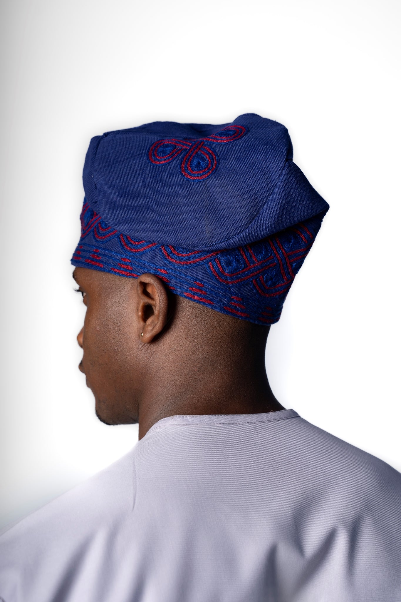 Traditional Hand Woven Cotton Gobi Fila Hat in Navy with Intricate Embroidery