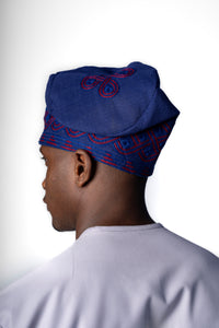 Traditional Hand Woven Cotton Gobi Fila Hat in Navy with Intricate Embroidery
