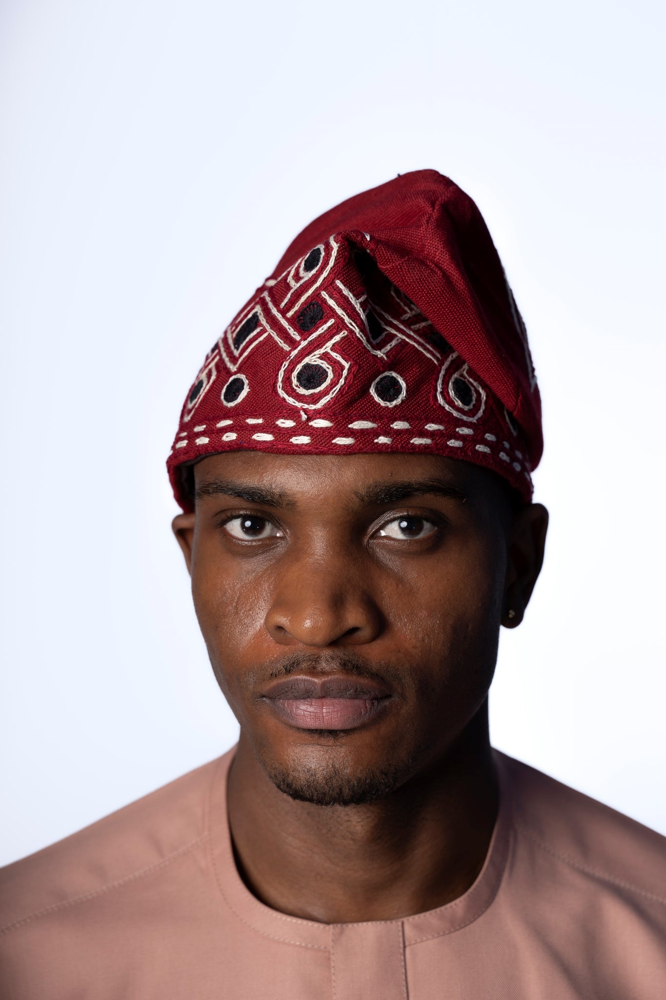 Traditional Hand Woven Cotton Gobi Fila Hat in Red with Intricate Embroidery