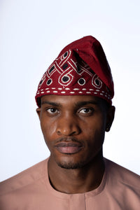 Traditional Hand Woven Cotton Gobi Fila Hat in Red with Intricate Embroidery
