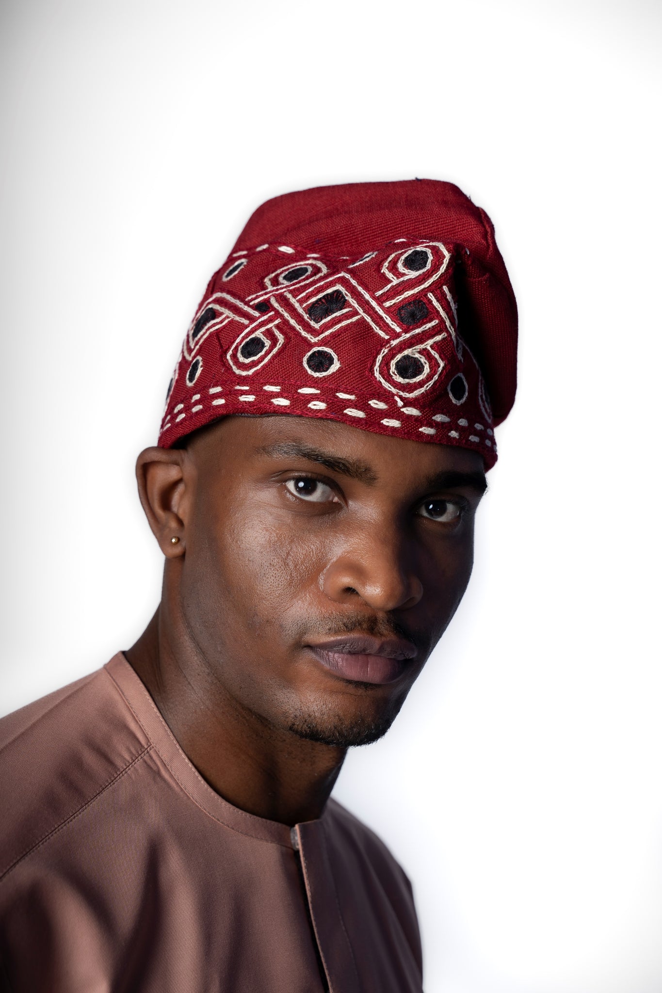 Traditional Hand Woven Cotton Gobi Fila Hat in Red with Intricate Embroidery
