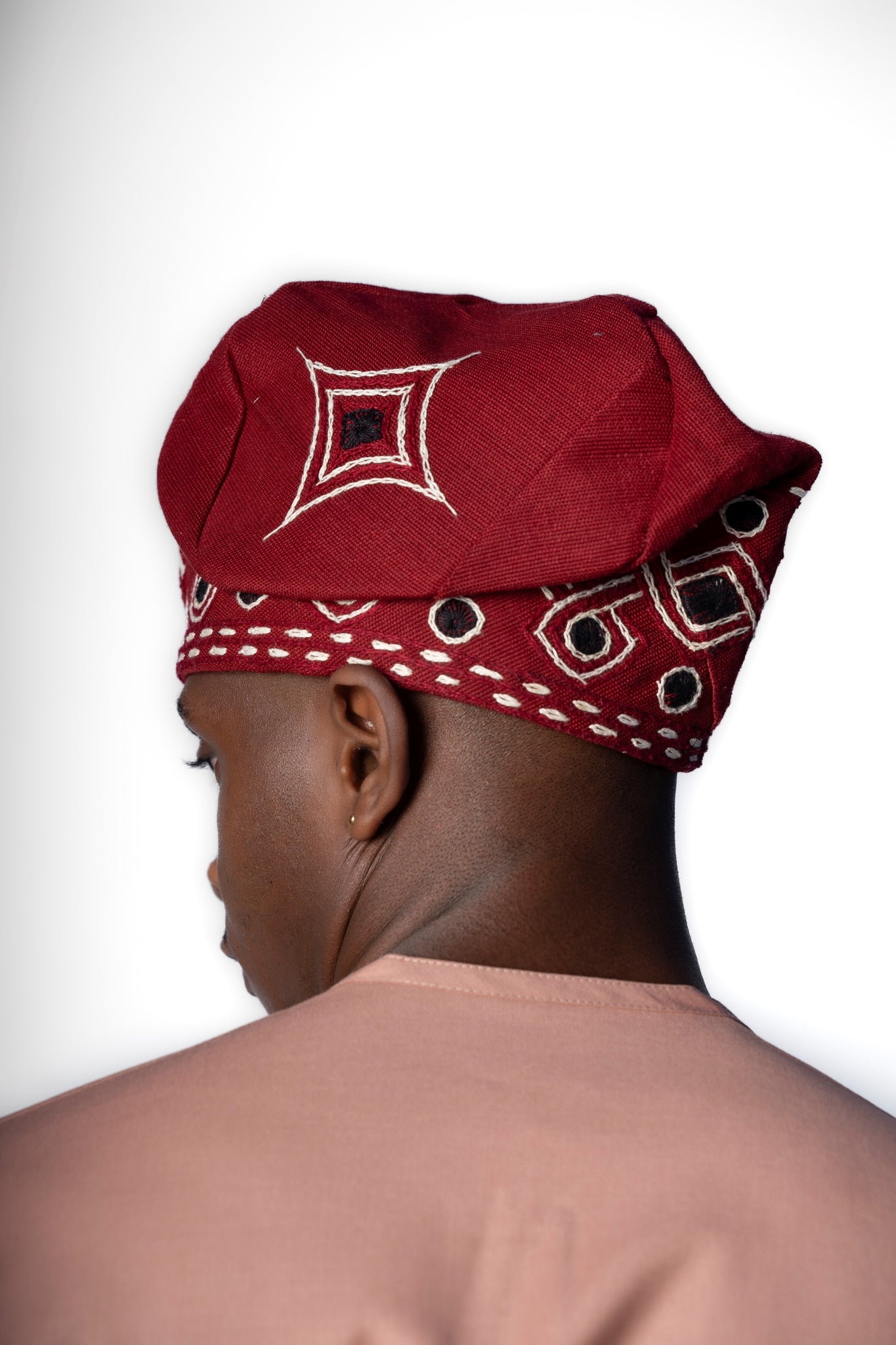 Traditional Hand Woven Cotton Gobi Fila Hat in Red with Intricate Embroidery