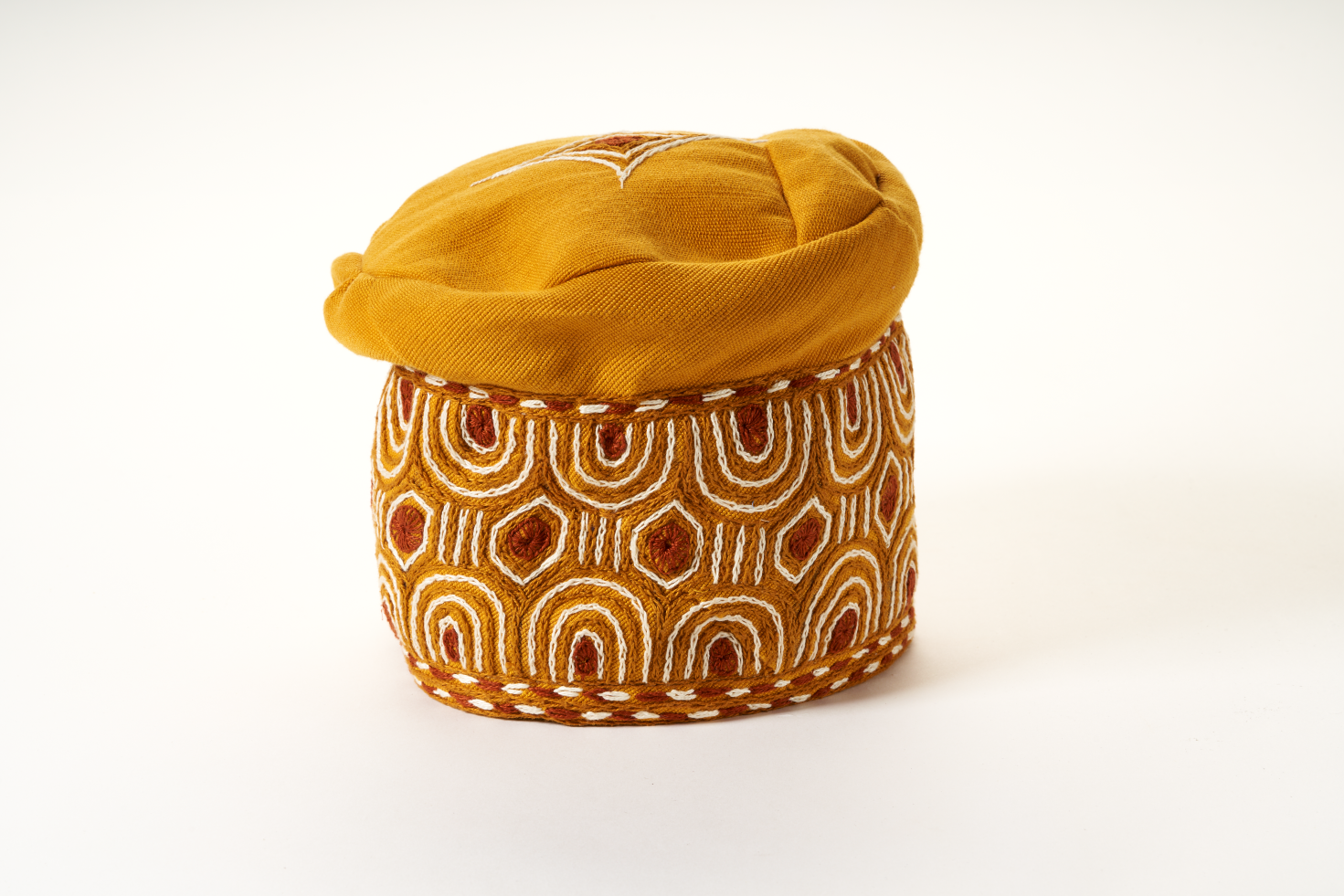 Traditional Hand Woven Cotton Gobi Fila Hat in Gold with Intricate Embroidery