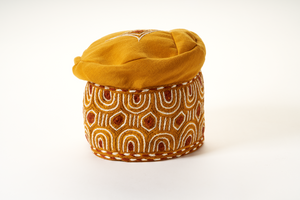 Traditional Hand Woven Cotton Gobi Fila Hat in Gold with Intricate Embroidery
