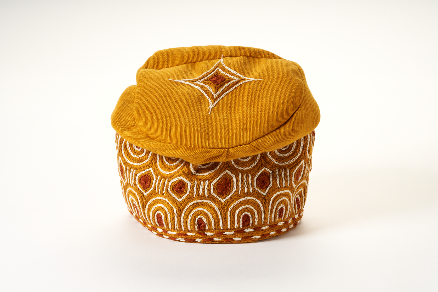 Traditional Hand Woven Cotton Gobi Fila Hat in Gold with Intricate Embroidery