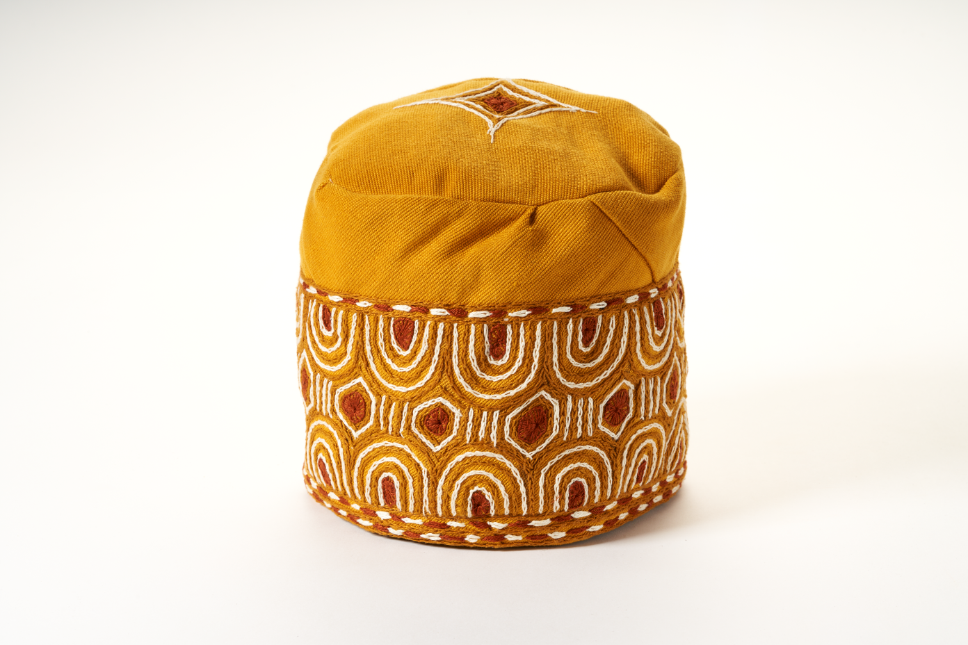 Traditional Hand Woven Cotton Gobi Fila Hat in Gold with Intricate Embroidery