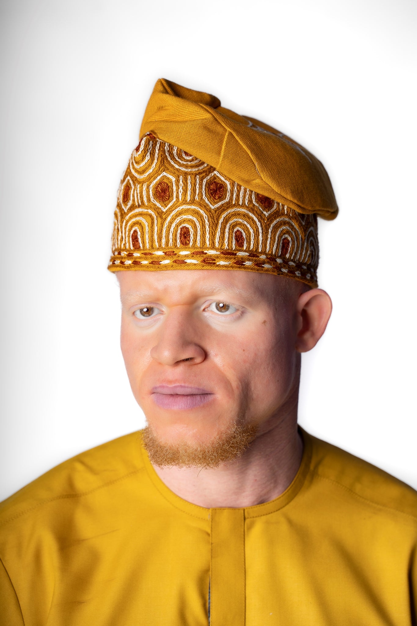 Traditional Hand Woven Cotton Gobi Fila Hat in Gold with Intricate Embroidery
