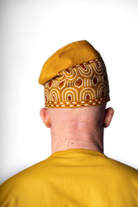 Traditional Hand Woven Cotton Gobi Fila Hat in Gold with Intricate Embroidery